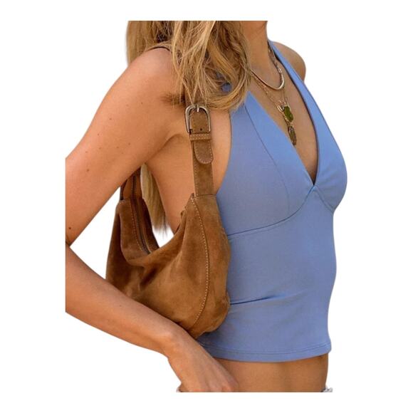 FREE PEOPLE Women XS Halter Top Blue Deep V-Neck Cropped Activewear Stretch NEW - Picture 1 of 7